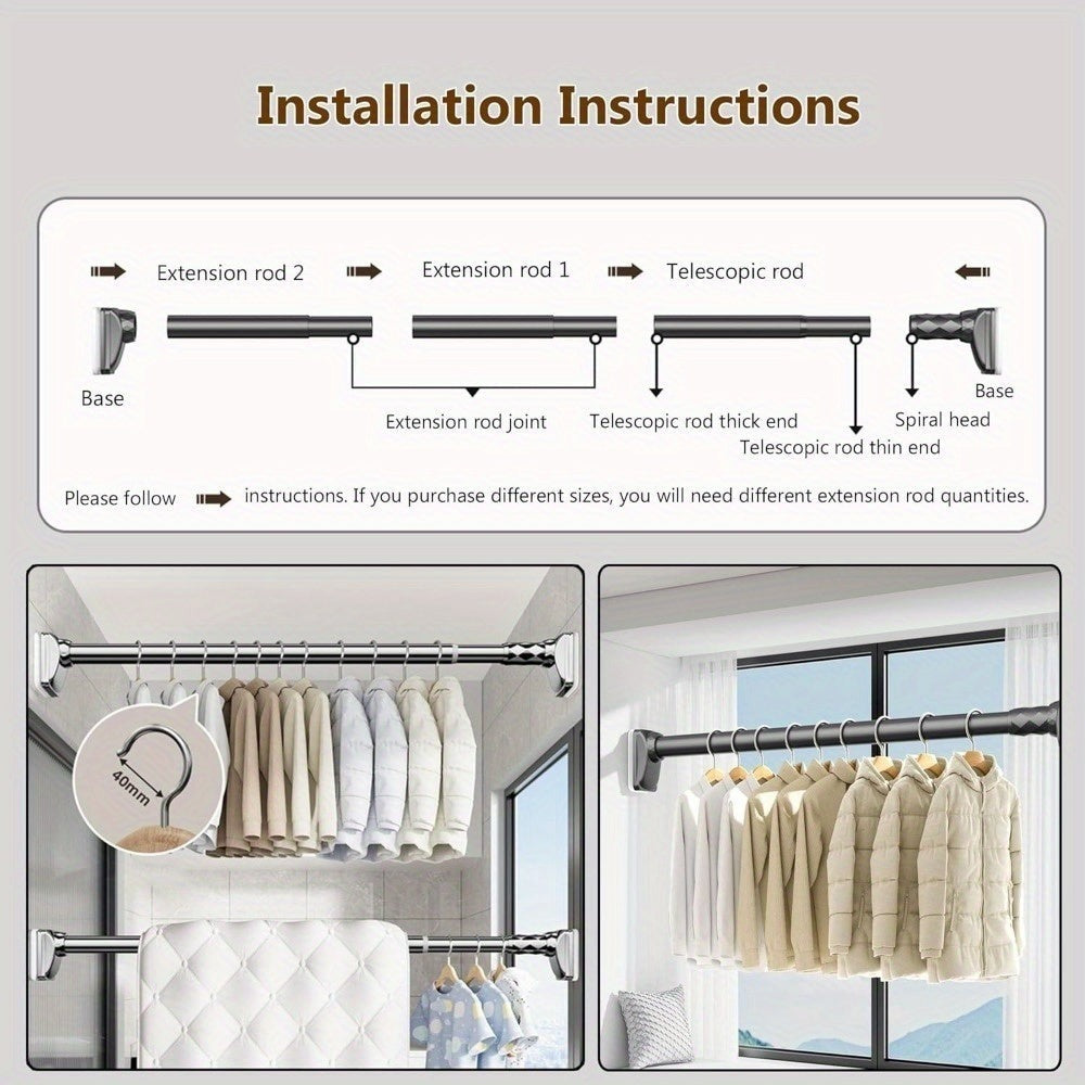 Barra de Cortina de Ducha, Antideslizante, Sin Taladro, de Acero Inoxidable, Extensible Telescópica, Anticorrosiva y Antideslizante, Barra de Tensión, Opción de Montaje en Pared, Uso Versátil, Diseño Moderno y Elegante | Característica Antideslizante, Cor