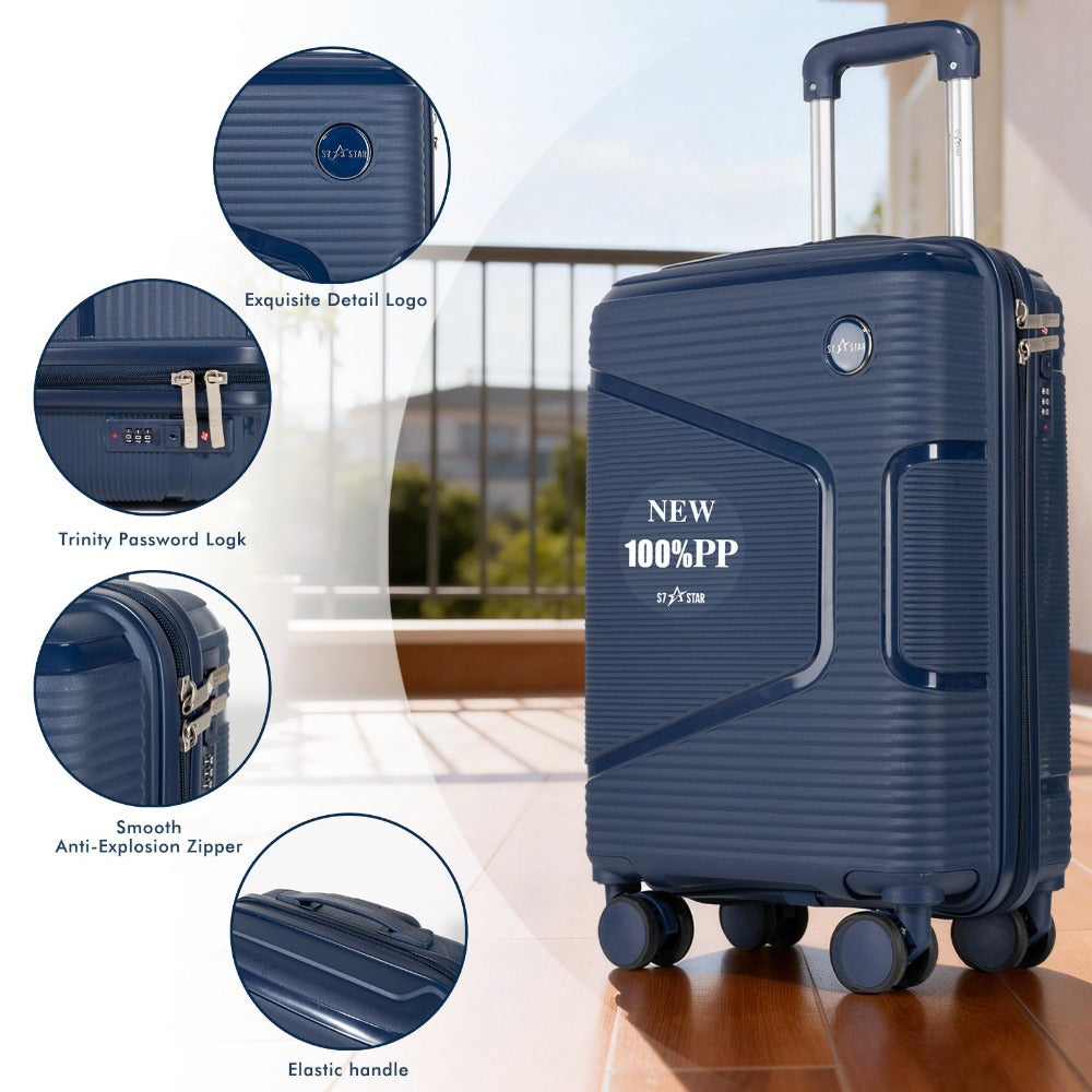 Equipaje de cabina de 19 pulgadas, 8 colores, 100 % PP ligero y antideformación | Candado de contraseña Trinity, cremallera suave antiexplosión, asa elástica | Cabe en el compartimento superior del avión