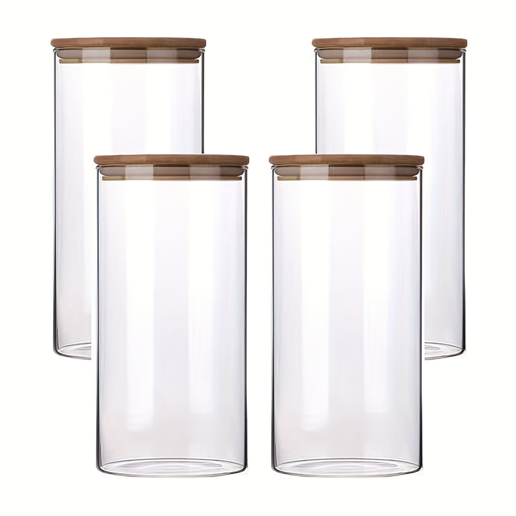 Juego de 3/4 tarros de cristal para almacenamiento de cocina, redondos y cilíndricos con tapa de bambú. 1.3L (44oz)/2L (67oz). Hechos de vidrio de borosilicato de alta resistencia, ligeros y duraderos, aptos para lavavajillas. Adecuados para pasta, frutos