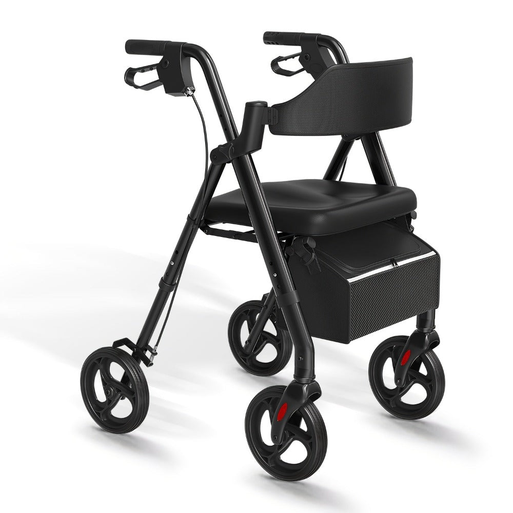 Andador Rollator Plegable para Adultos Mayores, Ayuda de Movilidad Ligera de Aluminio, Ruedas Univer Todoterreno de 20.32cm, Altura Dual Ajustable, Asiento y Respaldo Acolchado Ergonómico de PU, Capacidad de Peso de 136.08 KG