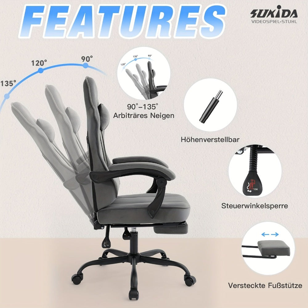 Silla de gaming SUKIDA de tela, silla de gaming ergonómica con reposapiés, silla de carreras para ordenador ajustable con soporte lumbar, silla ergonómica para PC negra