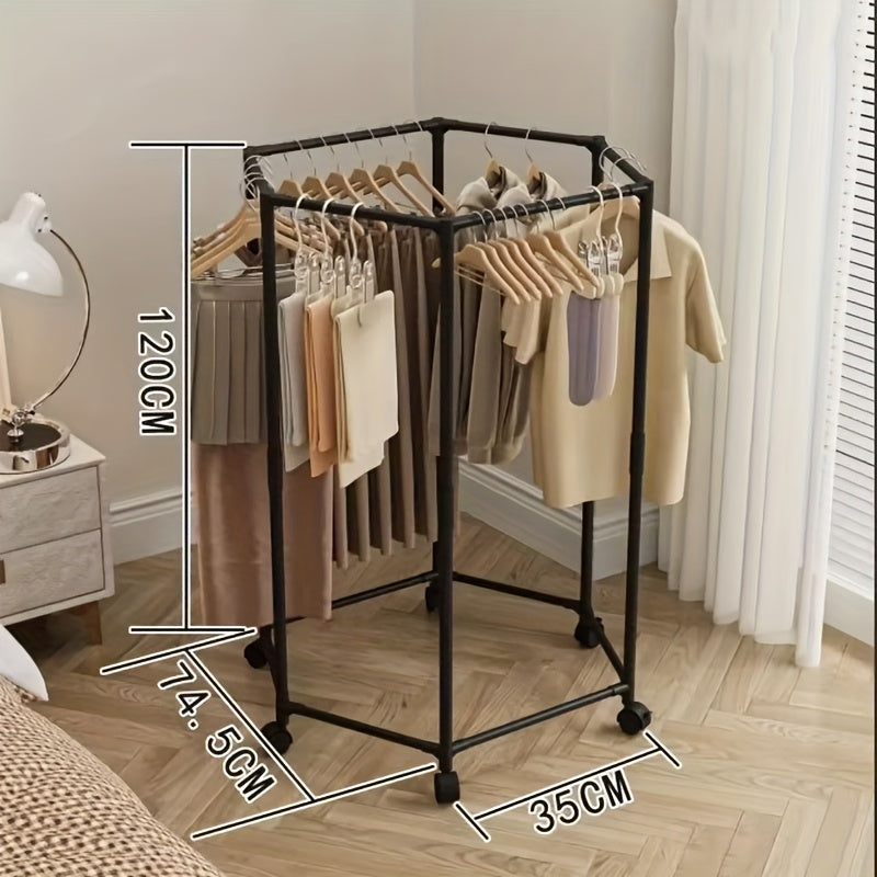 Perchero hexagonal giratorio con ruedas - Colgador de pie giratorio 360°, estructura de metal resistente, diseño portátil que ahorra espacio para lavadero, exhibición de boutique y almacenamiento en el hogar, perchero para ropa, construcción duradera con