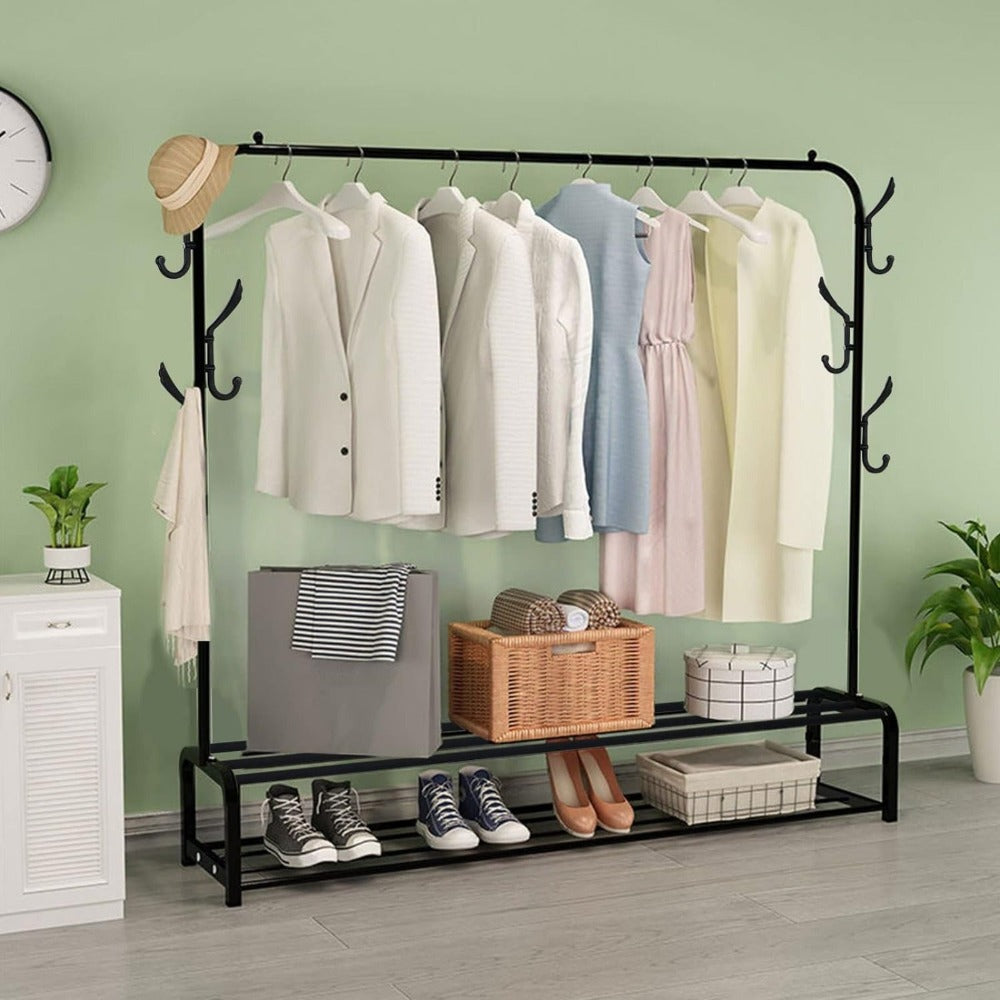 Barra para ropa multifuncional para dormitorio, barra metálica para colgar ropa resistente, perchero, estante para guardar ropa y zapatos