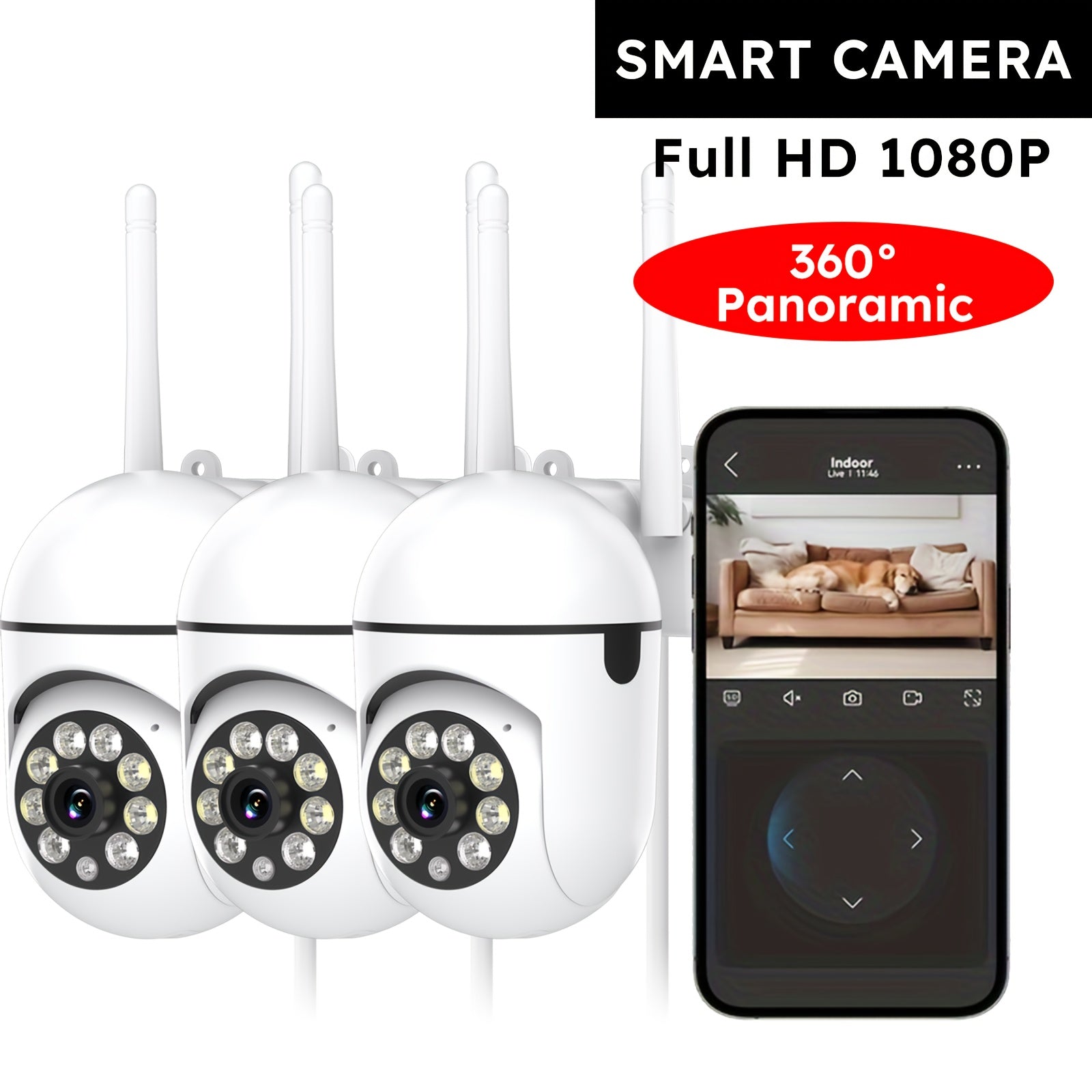 3 cámaras de seguridad Ease Life 1080P para exteriores con vista panorámica/tilt de 360° para seguridad en el hogar y exteriores con visión nocturna a color, detección de movimiento, audio bidireccional, Wi-Fi de 2.4Ghz, tarjeta de memoria y servicio en l
