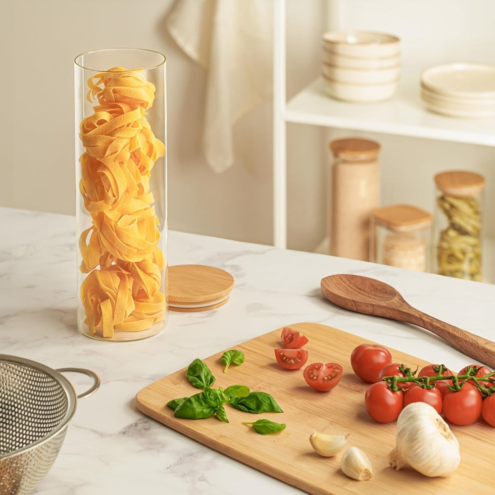 Juego de 3/4 tarros de cristal para almacenamiento de cocina, redondos y cilíndricos con tapa de bambú. 1.3L (44oz)/2L (67oz). Hechos de vidrio de borosilicato de alta resistencia, ligeros y duraderos, aptos para lavavajillas. Adecuados para pasta, frutos