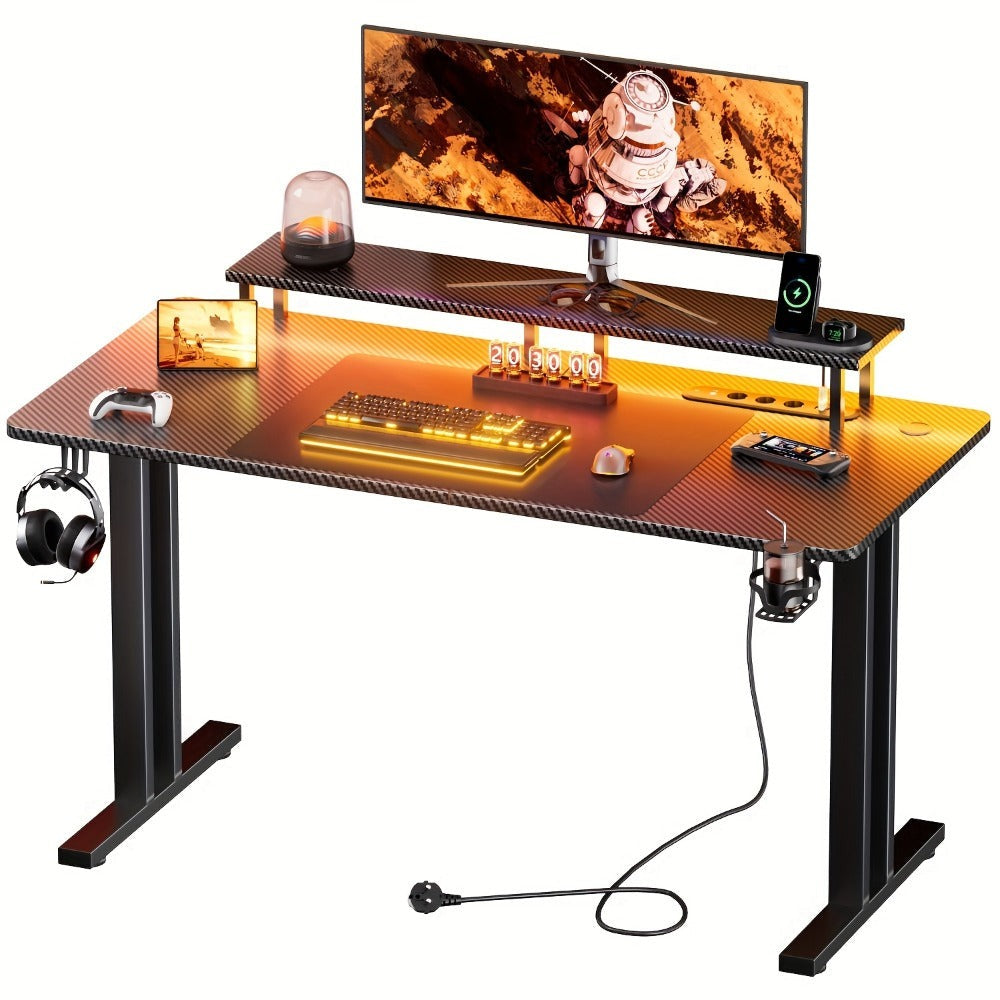 Escritorio LED con puertos de carga USB, escritorio para gaming con soporte para monitor, mesa de ordenador ergonómica con gancho para auriculares y alfombrilla de ratón, escritorio para gamer con superficie de fibra de carbono para dormitorio, , regalo d
