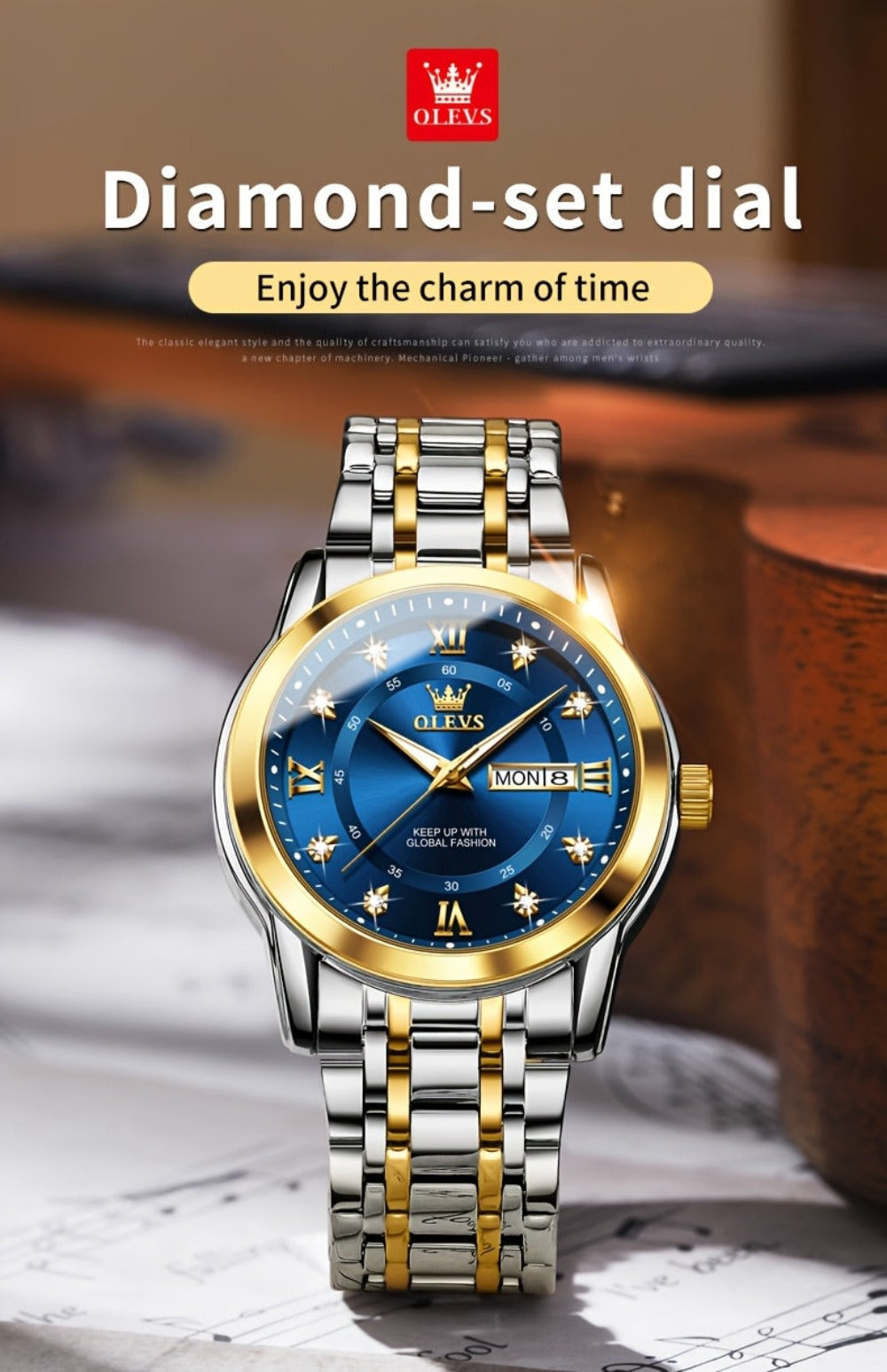 OLEVS Reloj de Lujo para Hombre, Diseño Elegante de Negocios con Diamantes de Imitación, Cuarzo Clásico de Acero Inoxidable para Hombre, Calendario Diurno Luminoso, Ideal para Regalos Románticos, Disponible en Esfera Azul/Negro/Blanco/Dorado
