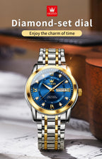 OLEVS Reloj de Lujo para Hombre, Diseño Elegante de Negocios con Diamantes de Imitación, Cuarzo Clásico de Acero Inoxidable para Hombre, Calendario Diurno Luminoso, Ideal para Regalos Románticos, Disponible en Esfera Azul/Negro/Blanco/Dorado