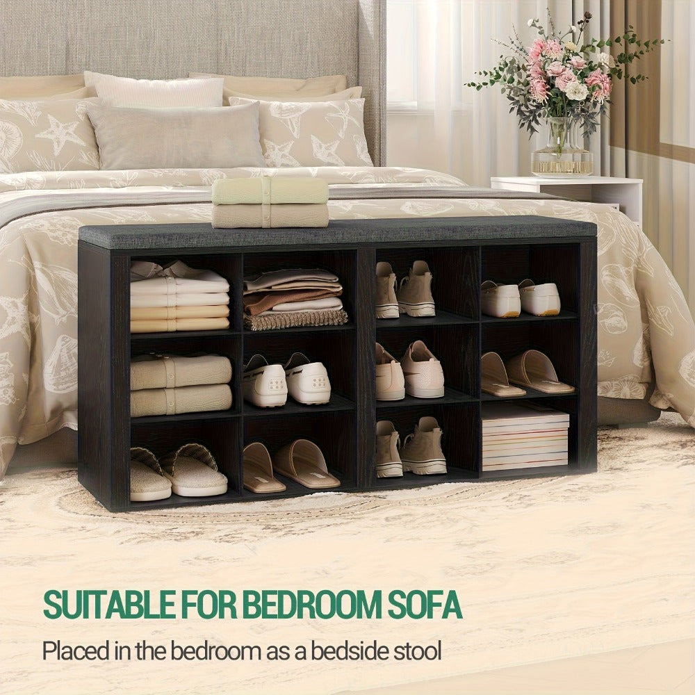 Banco para Zapatos, Estante con Asiento, Banco con Almacenamiento, Cojín, 12 Compartimentos, para Sala, Pasillo, Dormitorio, Blanco-Gris