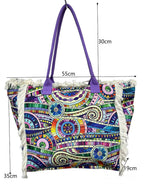 MEJORADA Bolso de Playa Grande con Estampado Colorido y Flecos, Estilo Tote con Forro Interior, Tamaño 55x35x20 cm - Ideal para Playa, Piscina y Viajes