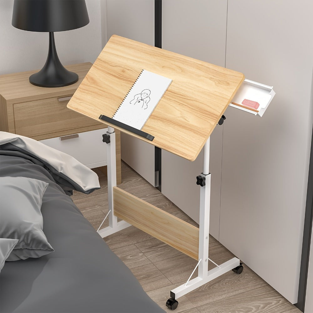 Mesa Rodante de 80X40Cm para Sofá Cama, Mesa Auxiliar Móvil Ajustable en Altura de 64-89Cm, Escritorio Plegable de 4 Ruedas con Bloqueo, Mesa Auxiliar para Sofá, Dormitorio