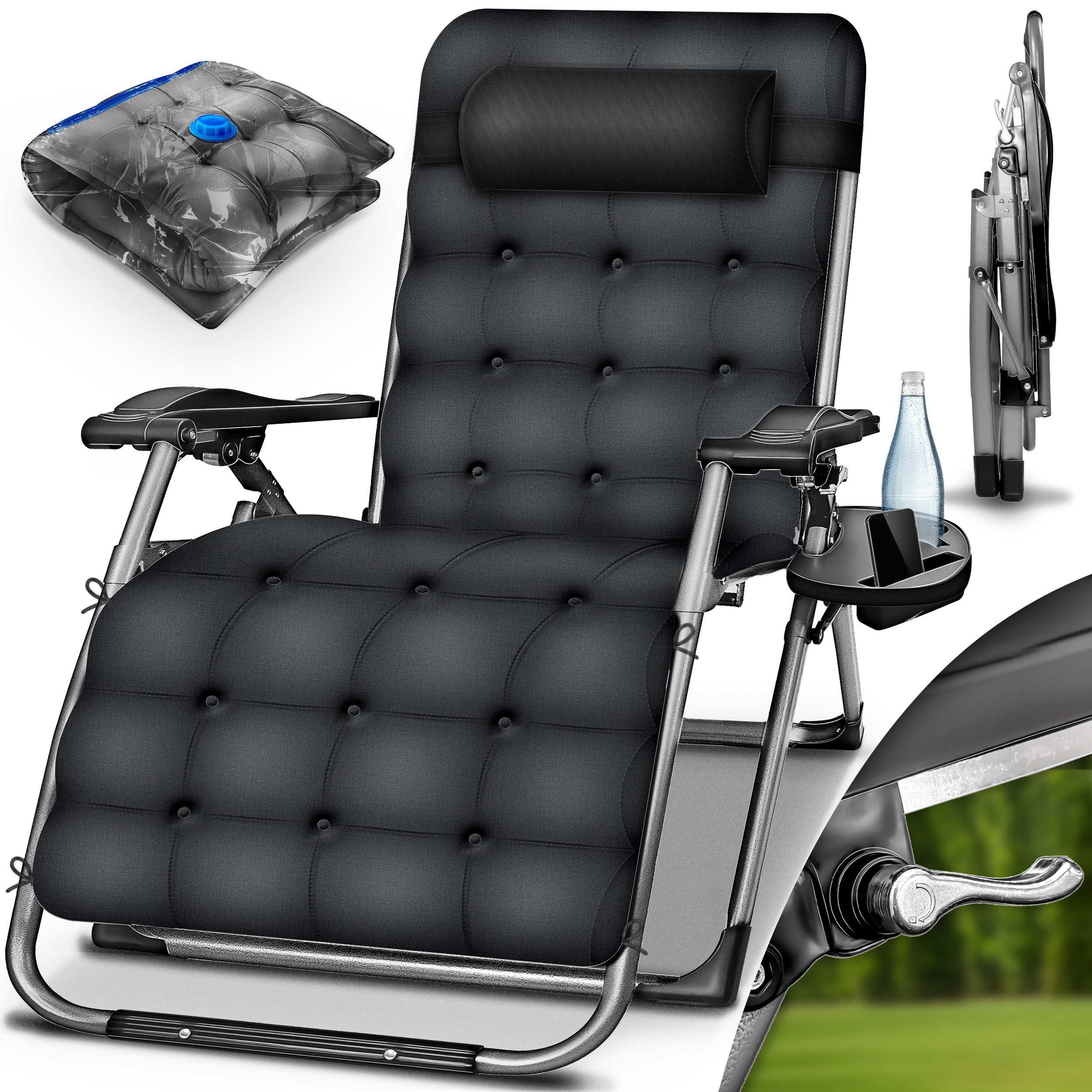 Tillvex® Tumbona Reclinable Plegable hasta 200Kg, Sillón de Sol para Jardín Exterior, Resistente a la Intemperie para Balcón, Jardín y Terraza, Ajustable con Acolchado Grueso, Reclinable, Extra Ancha, con Soporte para Bebidas