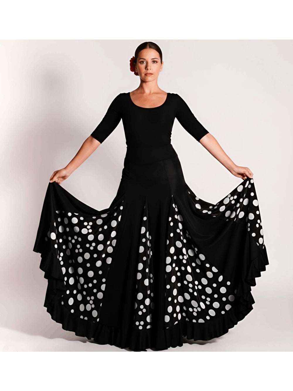 Falda flamenca de tiro alto (bajo pecho) negra con lunares rojos o blancos | Cintura elástica adaptable detail image - detail view 4