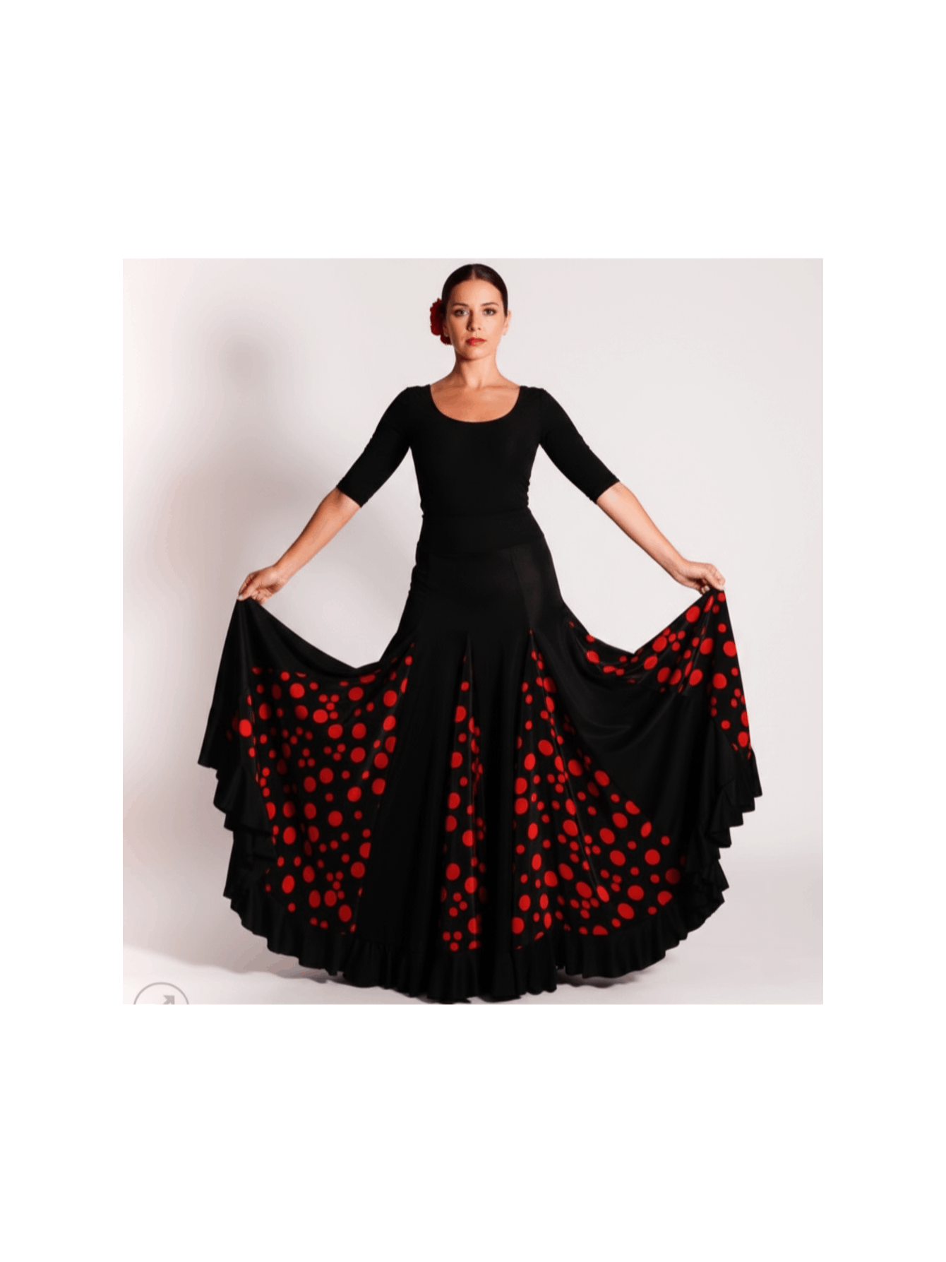 Falda flamenca de tiro alto (bajo pecho) negra con lunares rojos o blancos | Cintura elástica adaptable variant image - product view 11