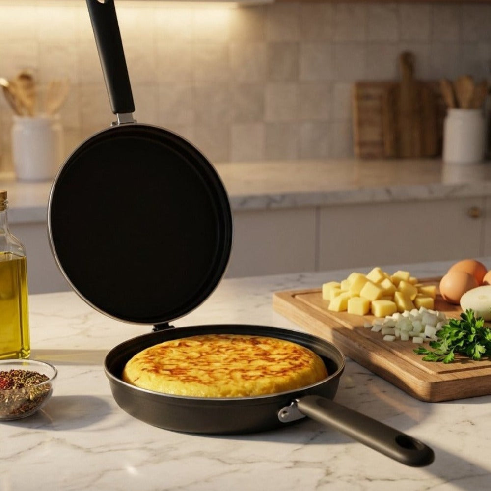 Sartén Doble Volteadora Ø24 cm para Tortillas | Antiadherente | Apta para Inducción | Libre de PFOA
