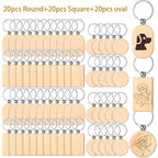 Dofiki Juego de 30/60 Llaveros de Madera, Redondos/Cuadrados/Ovalados, Grabados con Láser, Adecuados para Regalos Hechos a Mano de Bricolaje, Varios Llaveros y Etiquetas para Llaves