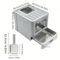 Arenero para gatos de acero inoxidable con entrada frontal y salida superior, diseñado para facilitar la limpieza, ideal para gatos y otras mascotas