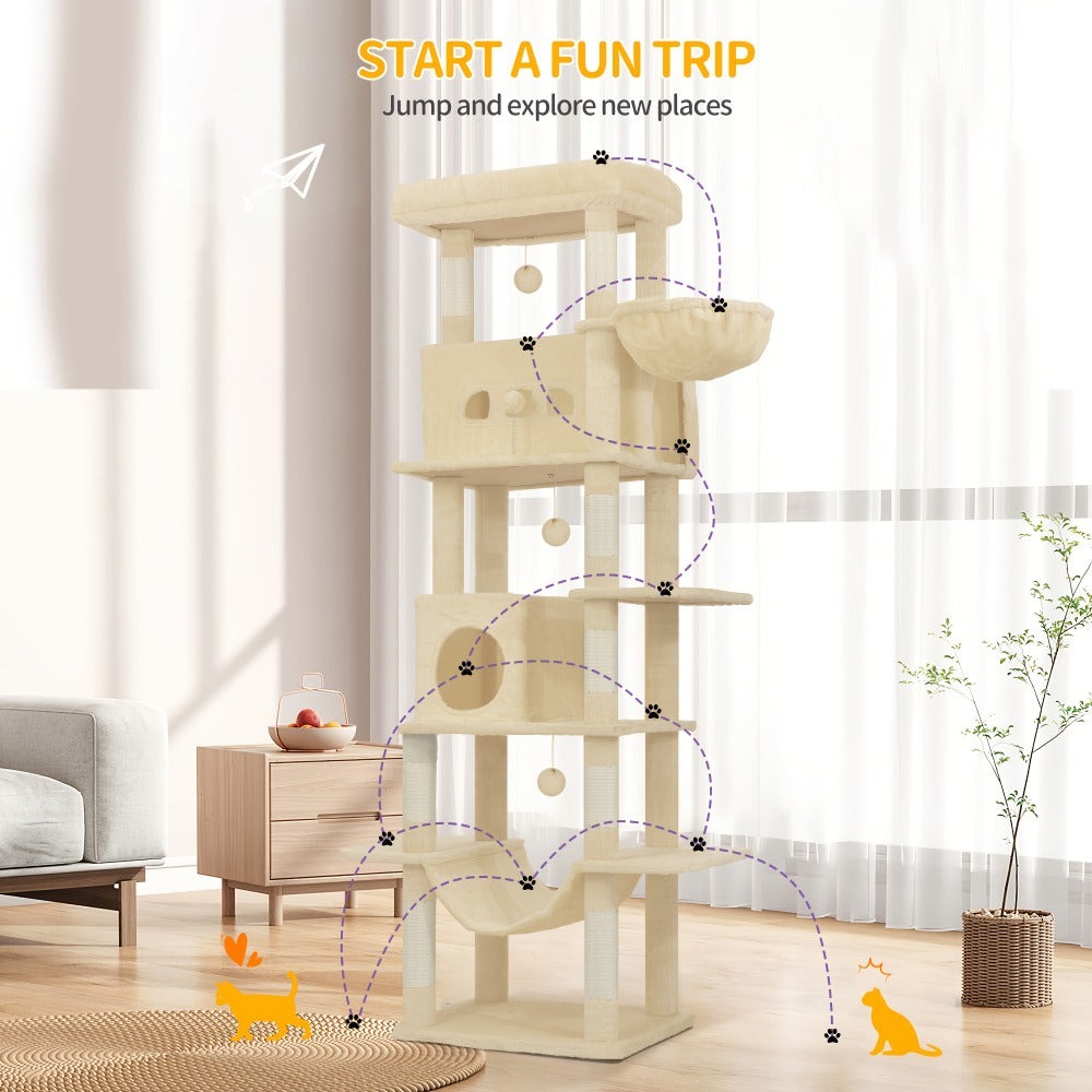 Árbol para Gatos de Interior, Torre Alta de 210 cm con Múltiples Niveles, Casa para Gatos, 8 Postes Rascadores, Hamaca y 4 Pompones
