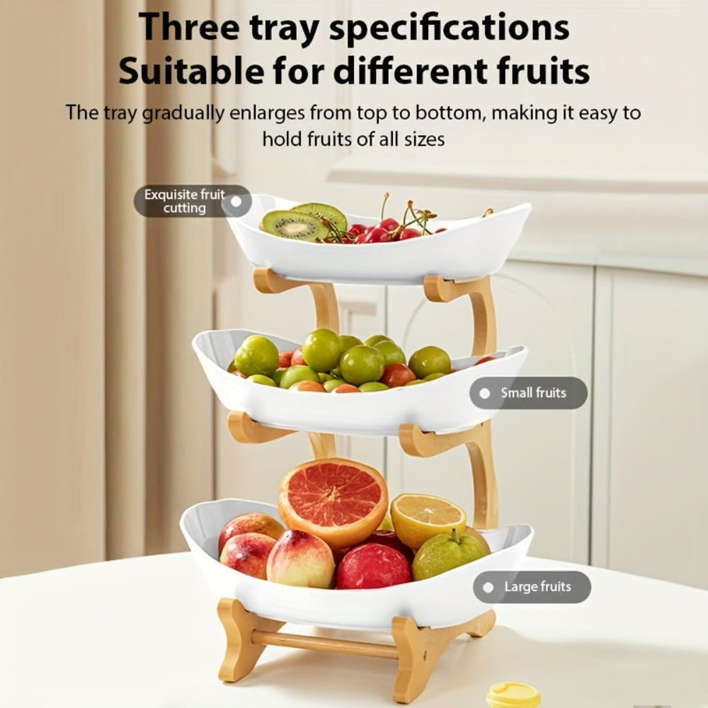 Cesta de frutas blanca de 3 niveles con gran capacidad, plato de frutas de plástico, soporte para pasteles y dulces, diseño en capas para frutas, soporte de bambú y madera, ahorra espacio, adecuado para aperitivos y bandeja de dulces para el hogar
