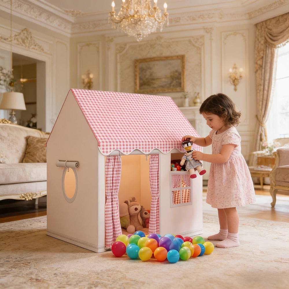 Tienda de campaña estilo casa a cuadros rosa y blanco - Casa de juegos extra grande para interiores y exteriores para niños | Se pliega para un fácil almacenamiento | Casa a cuadros rosa grande | Regalo perfecto para vacaciones y cumpleaños para niños y n