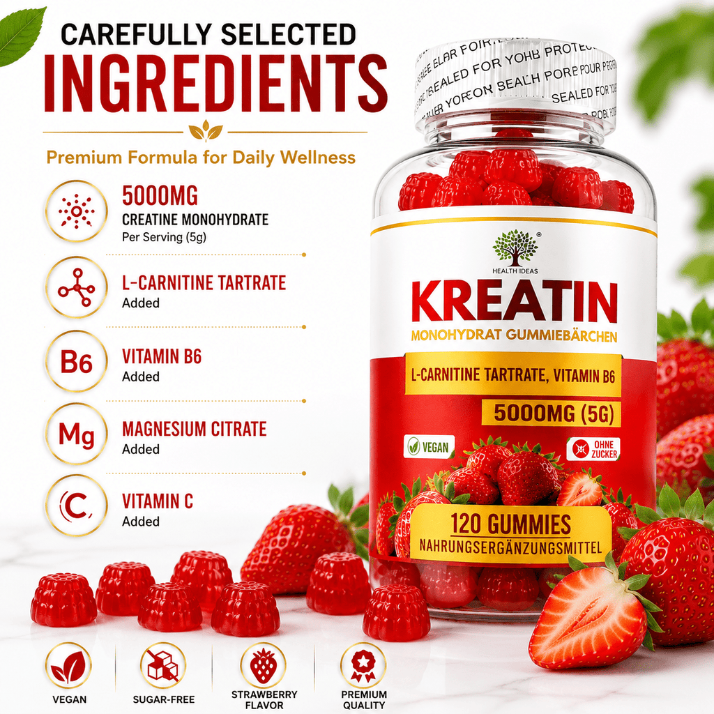 Creatina Monohidrato Gomas de Fresa 5000mg (5g) por Porción – 120 Gomas de Fresa Veganas – Con Tartrato de L-Carnitina y Vitamina B6 – Suplemento Alimenticio Sin Azúcar para Adultos – Fórmula Diaria Fácil de Masticar – Alternativa Conveniente a las Polvos