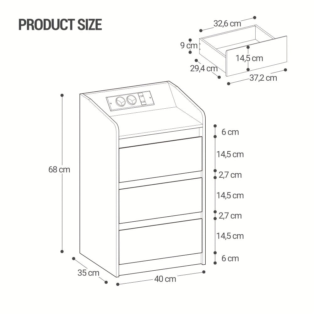 Juego de 2 Cajoneras con 3 Cajones, Mesa Auxiliar con Estación de Carga y LED, 2 Tomas de Corriente y 2 Puertos USB, Almacenamiento para Dormitorio, Libros y Artículos Varios en Sala y Dormitorio, Organización y Almacenamiento, Unidades de Cajones