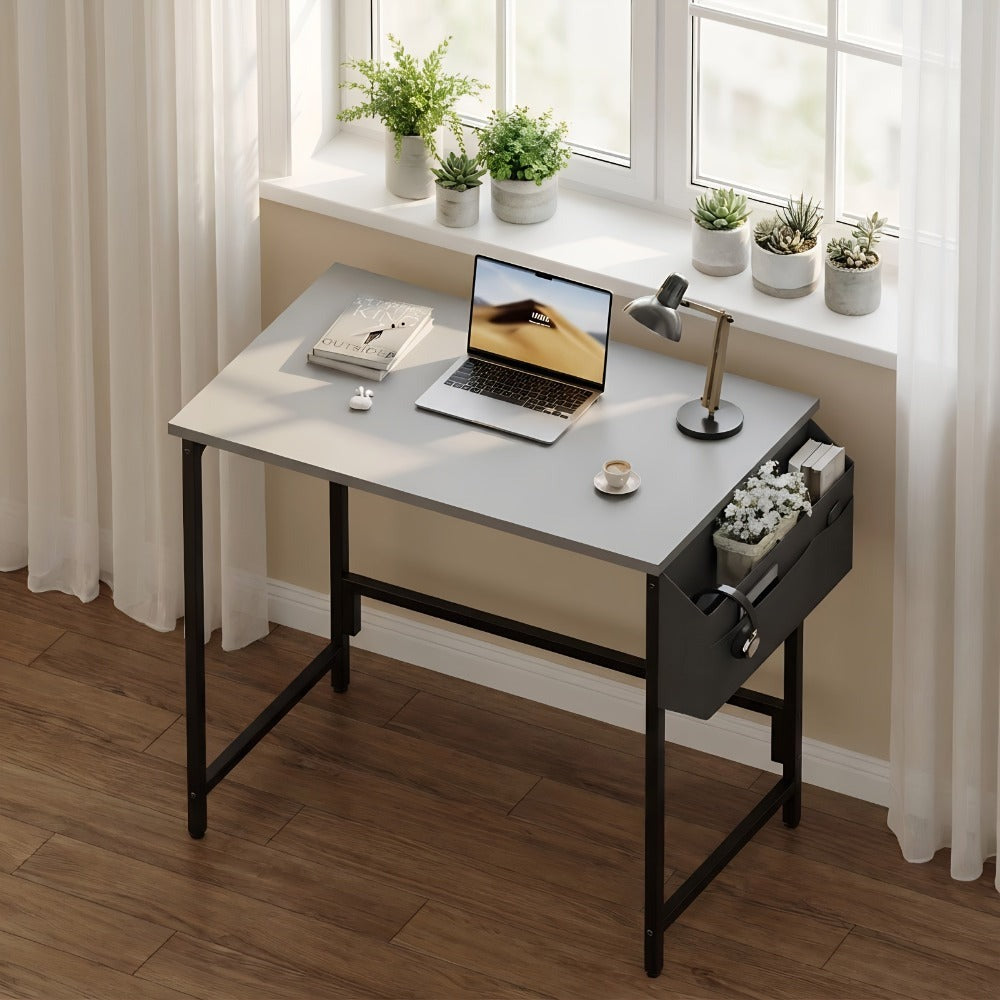 Escritorio Pequeño para Computadora con Bolsa de Almacenamiento, Compatible para Oficina en Casa - Escritorio Compacto Ahorrador de Espacio, Estación de Trabajo Independiente con Altura Ajustable, Montaje, /Blanco/Gris/Marrón - Estructura de Metal y Tapa