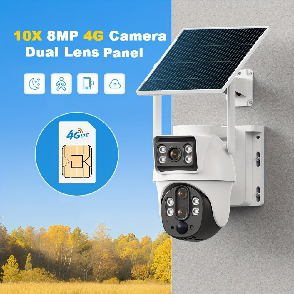 Cámara Solar Dual Lens 8MP 4G, Detección PIR de Humanoides, Audio Bidireccional, Visión Nocturna a Color, Detección de Movimiento, Alertas por Notificación, con Tarjeta SIM