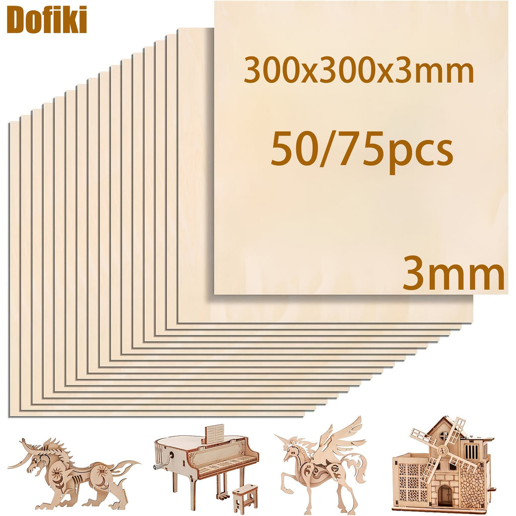 Dofiki 50/75 piezas Madera de tilo y contrachapado 300x300x3mm, lámina de madera sin acabado, adecuada para manualidades, grabado de corte láser, pirógrafo, pintura, modelismo