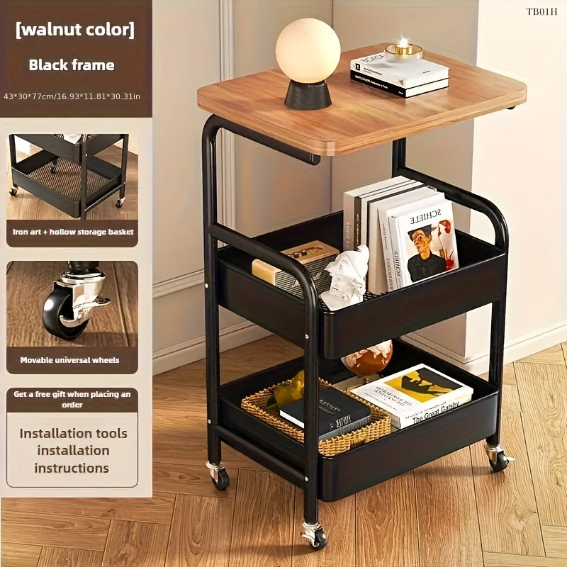 Un estante de almacenamiento con ruedas, estante superior de madera maciza, carrito de cocina, hecho de acero al carbono, resistente y duradero, para almacenar estantes de cocina, con un diseño vertical en capas, adecuado para el almacenamiento en dormito