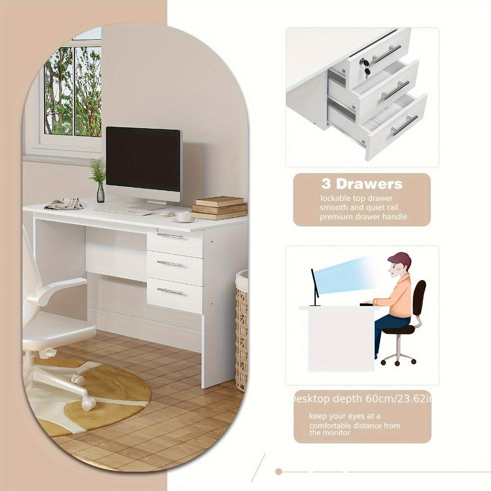 1pc Escritorio de Oficina 120x60cm, Mesa para Computadora con 3 Cajones, Banco de Trabajo Ergonómico, Adecuado para Oficinas, Dormitorios y Estudios