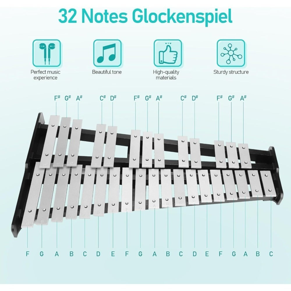 Xilófono de Glockenspiel de 32 notas con soporte ajustable, kit de instrumento de percusión profesional de aluminio con baquetas y estuche de transporte, ideal para principiantes, presentaciones de bandas