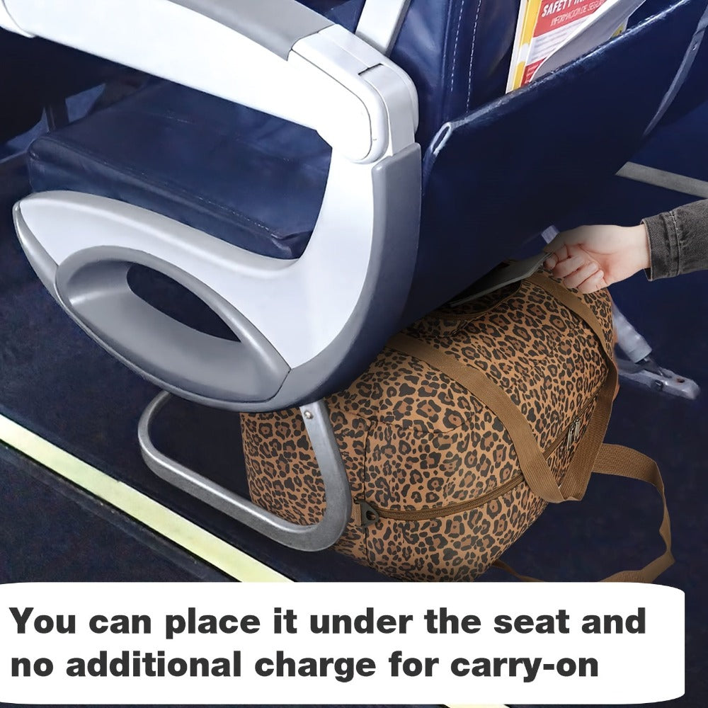 Imprescindible para viajes 2025: Bolso Duffel plegable aprobado por aerolíneas (18X14X8) con diseño de leopardo, equipaje de mano Tsa para hombres y mujeres, perfecto para escapadas de fin de semana