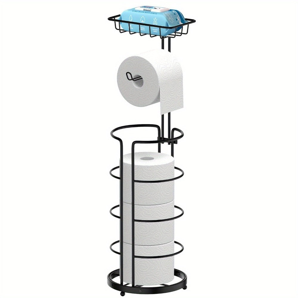 Soporte de Papel Higiénico de Pie Huahong - No Requiere Perforación, Moderno Soporte de Rollo de Papel de Metal - Soporte de Papel Higiénico con Estante - para Rollos Mega/ Teléfono, Negro