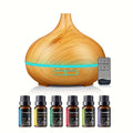Difusor y humidificador de aceites esenciales con diseño de grano de madera de 550 ml - Control remoto, apagado automático, tecnología de ondas sonoras, niebla fría, alimentado por USB para el hogar, la oficina y el dormitorio