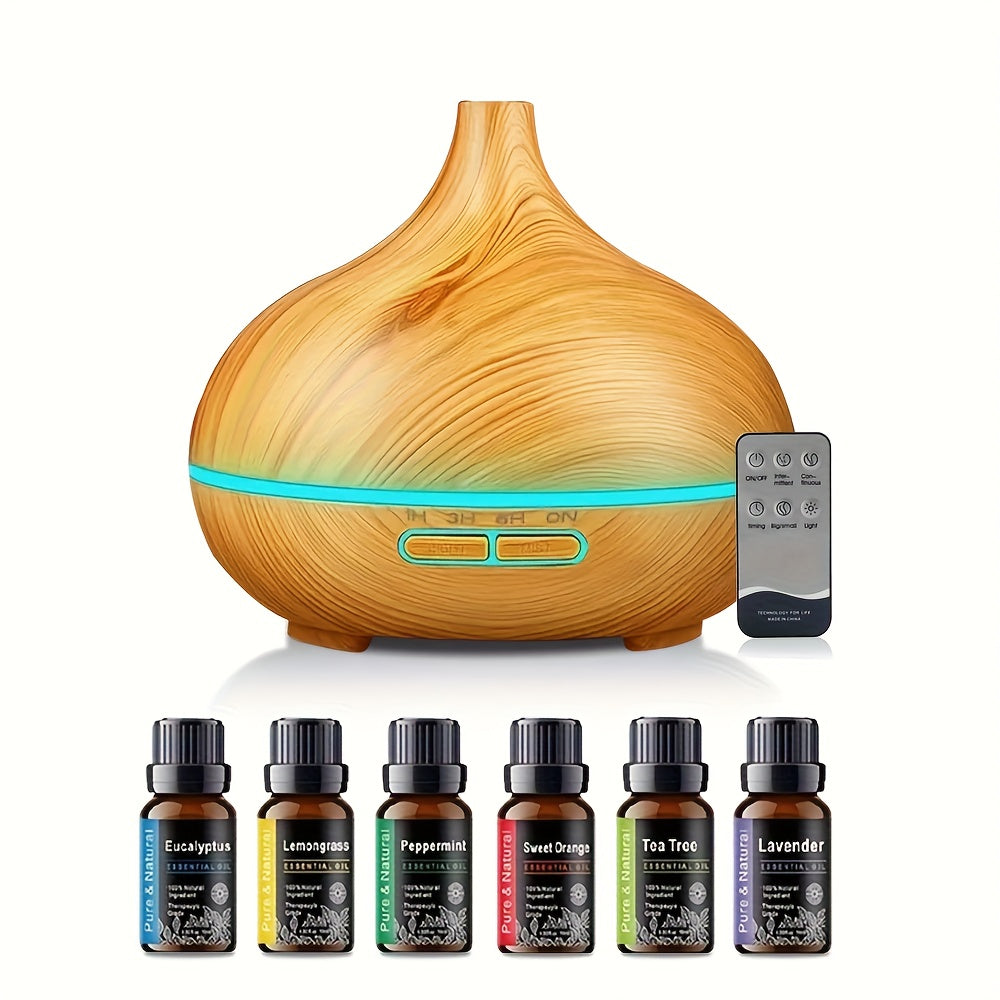 Difusor y humidificador de aceites esenciales con diseño de grano de madera de 550 ml - Control remoto, apagado automático, tecnología de ondas sonoras, niebla fría, alimentado por USB para el hogar, la oficina y el dormitorio