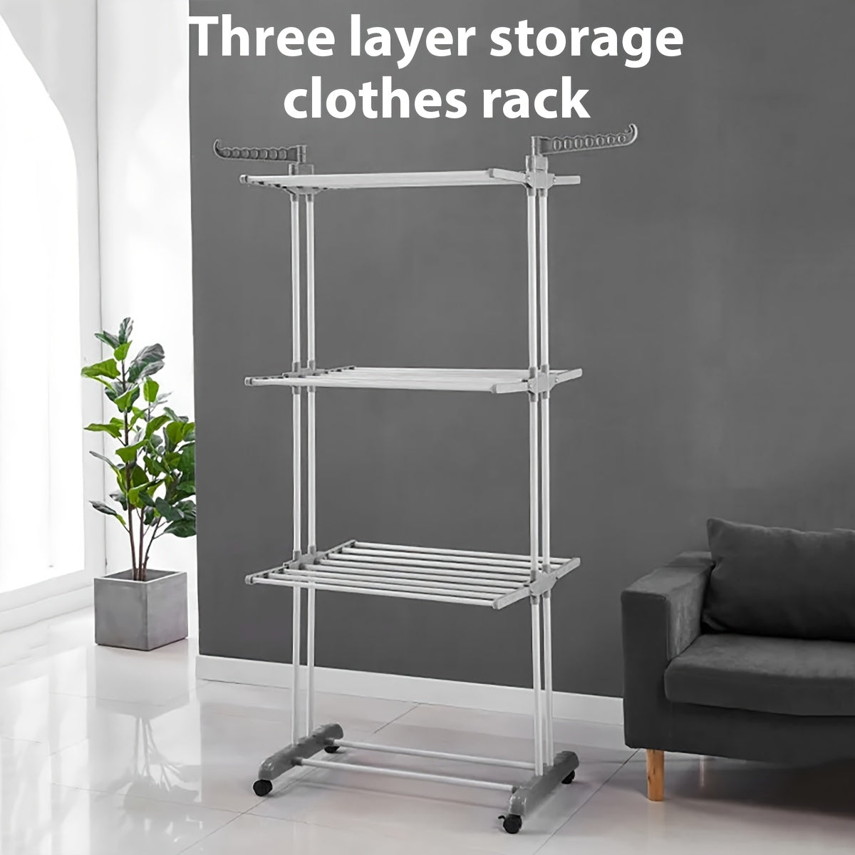 Torre secadora de ropa plegable, torre de metal resistente para lavandería con ruedas, 3 niveles de metal con 6 alas plegables y 2 paneles giratorios, diseño que ahorra espacio, construcción robusta, apta para uso en exteriores e interiores, tendederos