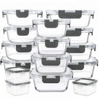 Juego de 12 recipientes de vidrio para almacenar alimentos con tapas herméticas a presión - Contenedores rectangulares aptos para microondas y lavavajillas, diseño apilable que ahorra espacio para almacenar alimentos frescos, preparación de comidas, sobra