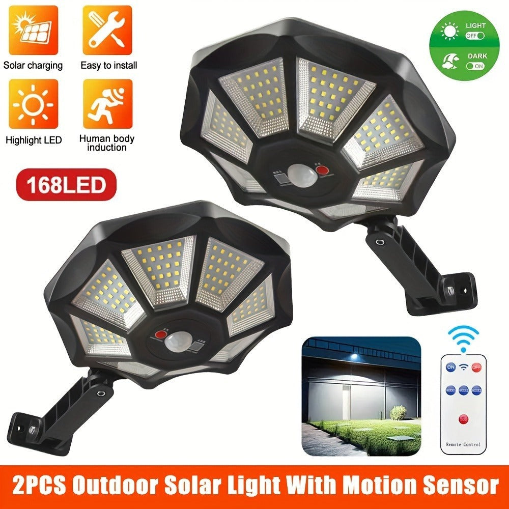 Juego de 2 farolas solares con sensor de movimiento y control remoto, luces solares de jardín de 168 LED con 3 modos de iluminación, reflector de iluminación de ángulo amplio de 360°, para calles comerciales, garajes, patios, terrazas de jardín y emergenc