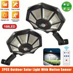 Juego de 2 farolas solares con sensor de movimiento y control remoto, luces solares de jardín de 168 LED con 3 modos de iluminación, reflector de iluminación de ángulo amplio de 360°, para calles comerciales, garajes, patios, terrazas de jardín y emergenc