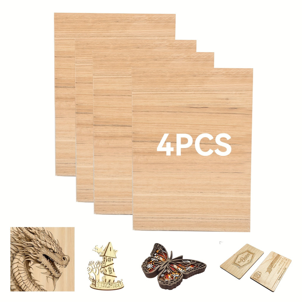 4 Paquetes de Láminas de Contrachapado de Madera Natural Cortadas con Láser - Compatibles Pre-Probadas para Corte CNC, Pintura y Manualidades DIY con Cara de Grano Natural, Tamaño A4 (29.97cm x 21.49cm) Tablero de Manualidades Cortado con Láser Adecuado p
