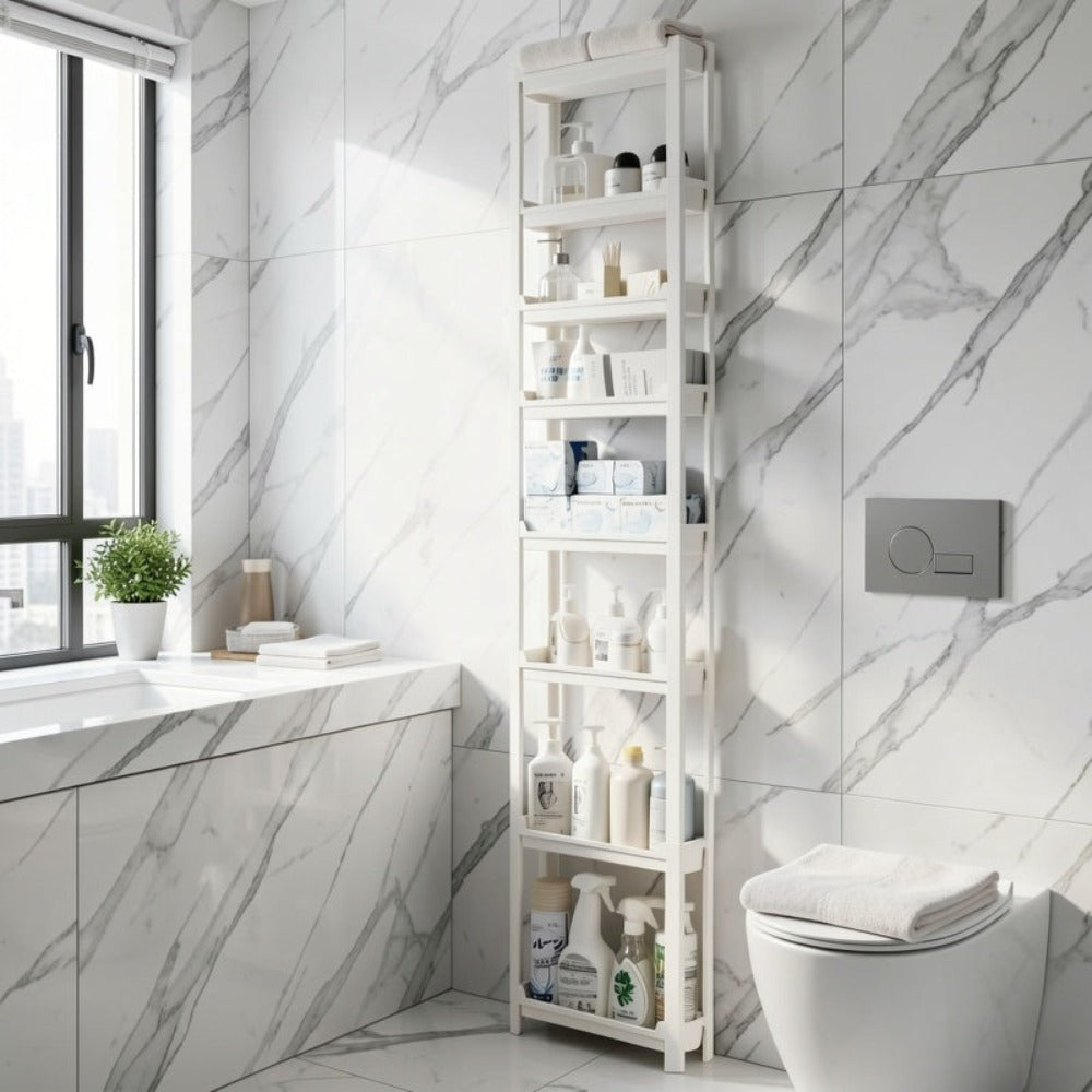 Estante de baño ultradelgado de 8 niveles, diseñado para guardar artículos de tocador y papel higiénico, apto para diversos escenarios de almacenamiento en el baño, estantes