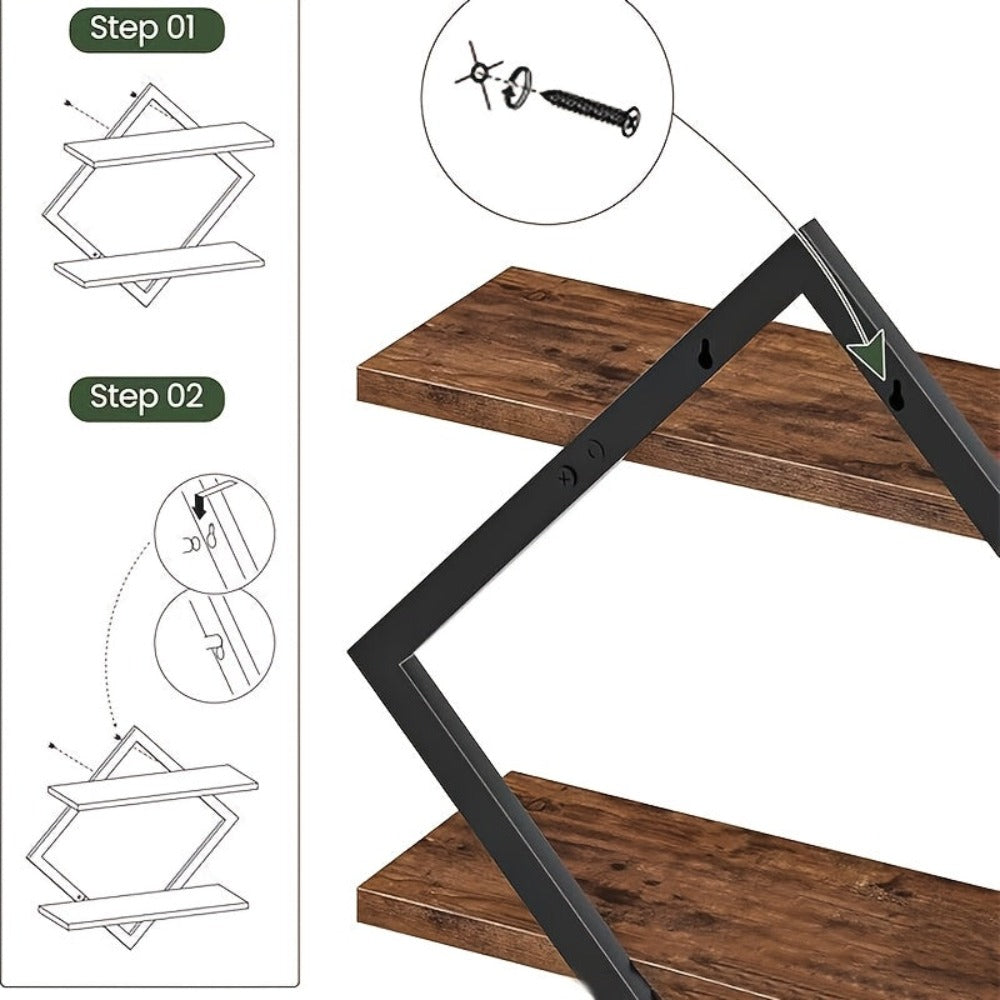 Juego de 2 Estantes de Madera Montados en la Pared - Estante de Almacenamiento Rústico Moderno de Doble Capa, Unidad de Estantería Vertical Ahorradora de Espacio Adecuada para Sala de Estar, Oficina, Dormitorio - Instalación, Madera