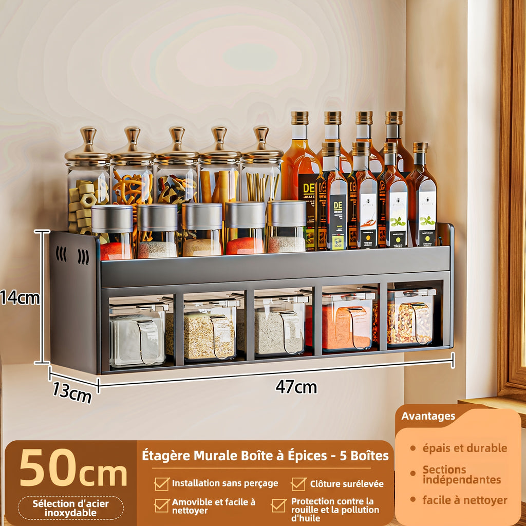 Organizador de especias de acero inoxidable para pared de 5 rejillas con 5 frascos de especias, organizador de almacenamiento de cocina multifuncional, organizador de especias de acero al carbono, instalación sin taladro, almacenamiento de cocina multi-co