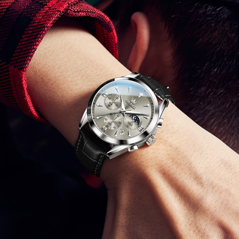 OLEVS Reloj para Hombre Clásico Cronógrafo Cuero Marrón Caja Dorada Analógico Cuarzo Moda Negocios Vestir Cara Grande Reloj de Hombre Día Fecha Luminoso Casual Reloj de Pulsera Masculino Regalos Románticos Relojes De Hombre Azul/Negro/Blanco/Marrón Esfera
