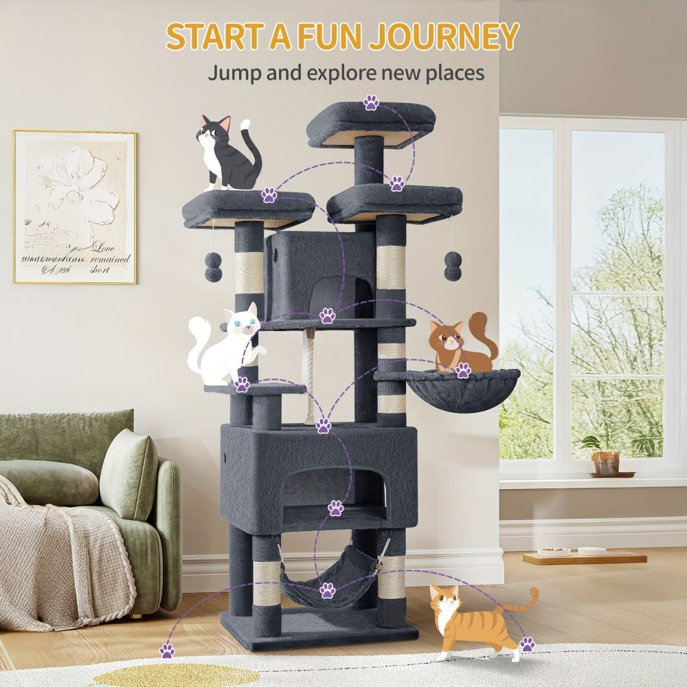 Árbol para Gatos, 176cm, Tamaño XL con 3 Plataformas, 2 Cuevas, 7 Postes Rascadores, Hamaca y Pelota de Felpa – Ideal para Familias de Gatos en Gris Claro/Gris Oscuro Beige, Torre de Escalada para Mascotas, Enriquecimiento Felino, Árbol Ahorra Espacio, Mu