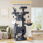Árbol para Gatos, 176cm, Tamaño XL con 3 Plataformas, 2 Cuevas, 7 Postes Rascadores, Hamaca y Pelota de Felpa – Ideal para Familias de Gatos en Gris Claro/Gris Oscuro Beige, Torre de Escalada para Mascotas, Enriquecimiento Felino, Árbol Ahorra Espacio, Mu