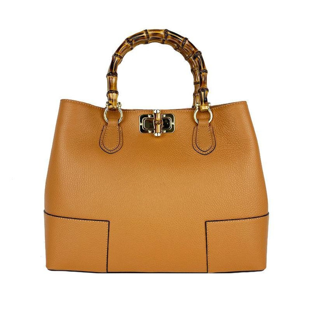 Bolso de cuero real con asas de bambú hecho en Italia, bolso de mujer, bolso de bambú de cuero