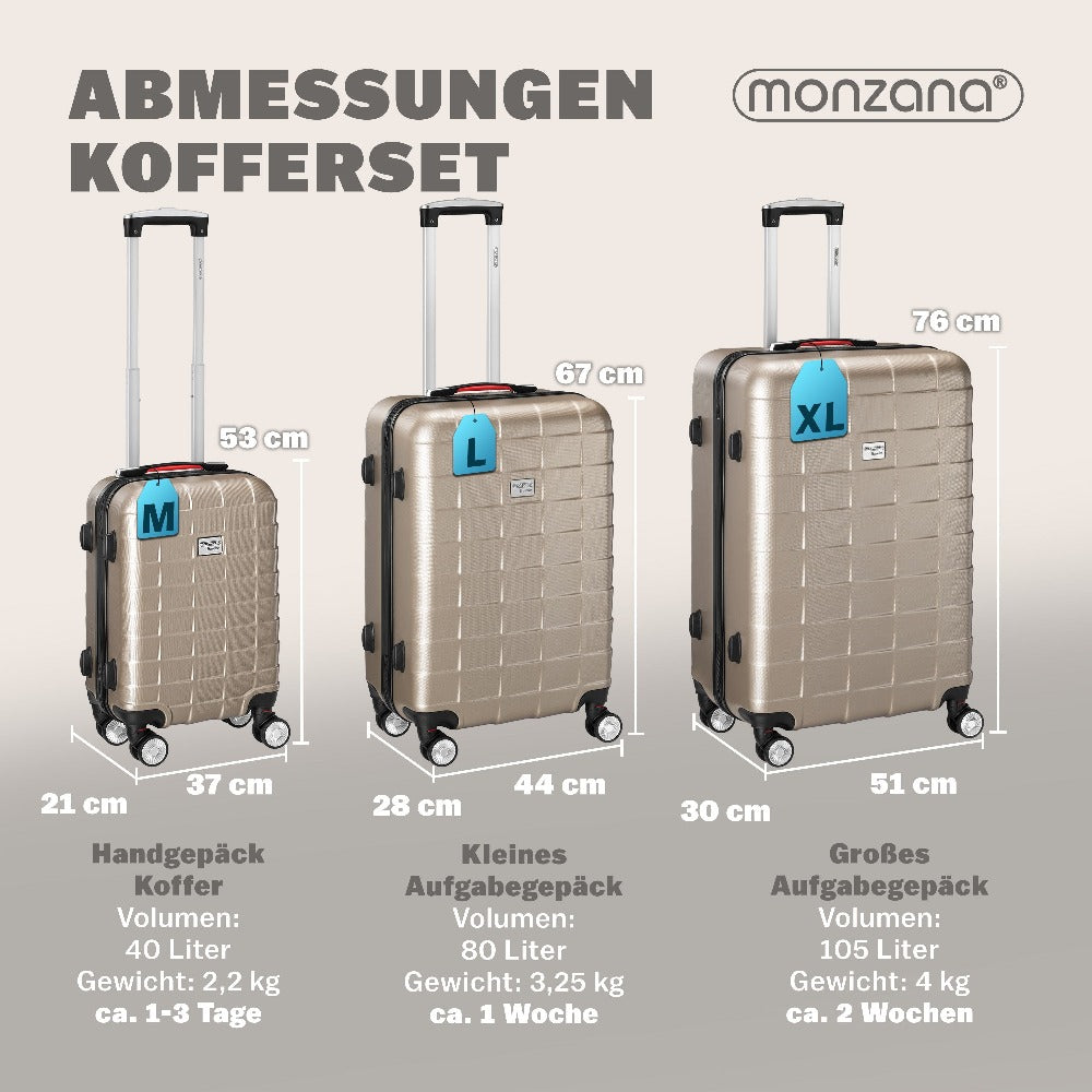 MONZANA® Juego de Maletas de 3 Piezas con Candado TSA, Maletas Rígidas en Tallas M-L-XL, Asas de Gel, 4 Ruedas Gemelas, Pies de Soporte, Maleta de Viaje con Ruedas – Negro, Azul o Champagne