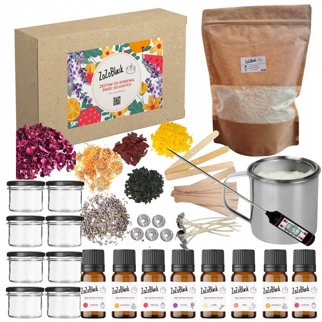 Kit para Hacer Velas de Soja para Niños – Set de Regalo para Fiestas con 8 Velas de Cera de Soja ZoZoBlask con Mechas de Algodón, Tintes de Madera, Fundidor, Aceites Esenciales y Tarros para Velas